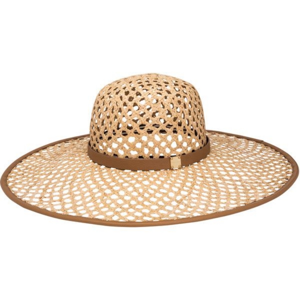 henri bendel Wide Brim Crochet Straw Hat in Tan with Brown Trim